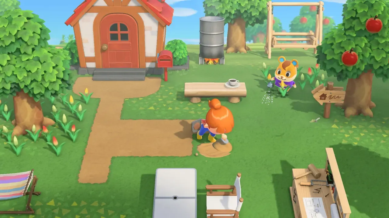 Screenshot from Animal Crossing: New Horizons showing a player character paving a path near a house and a squirrel villager.