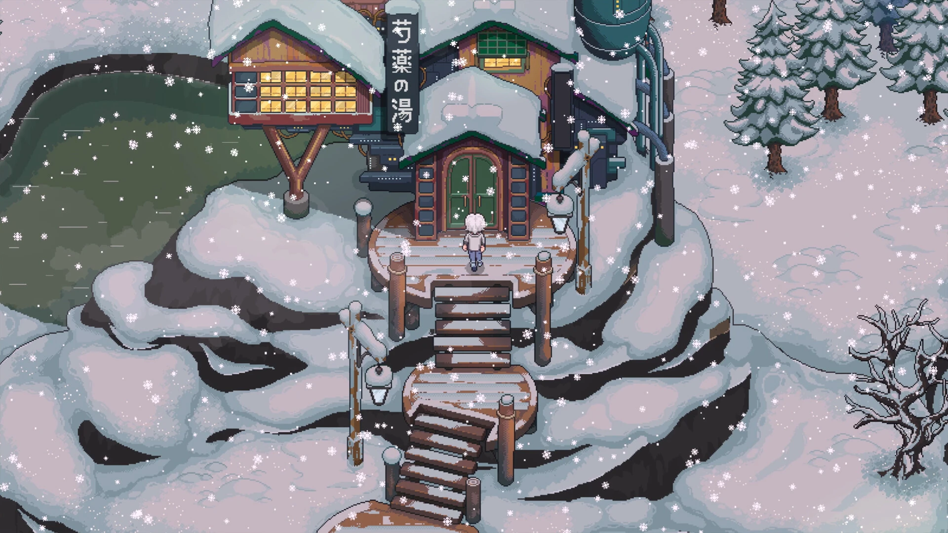 Screenshot from Chef RPG depicting a snow-covered bathhouse, with a character standing on a snowy path.