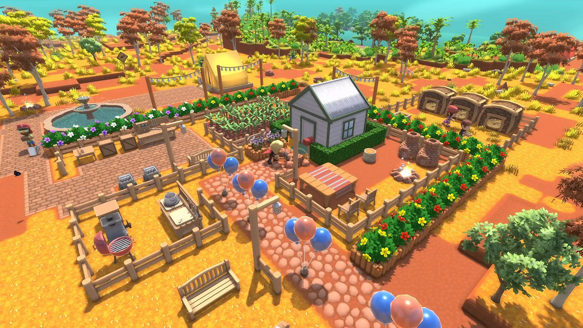 Screenshot from the game Dinkum, showing a charming, blocky 3D settlement built on red dirt, featuring a small house, cultivated garden plots, a campfire, a fountain, and various crafting stations, all set amidst unique Australian-inspired trees.
