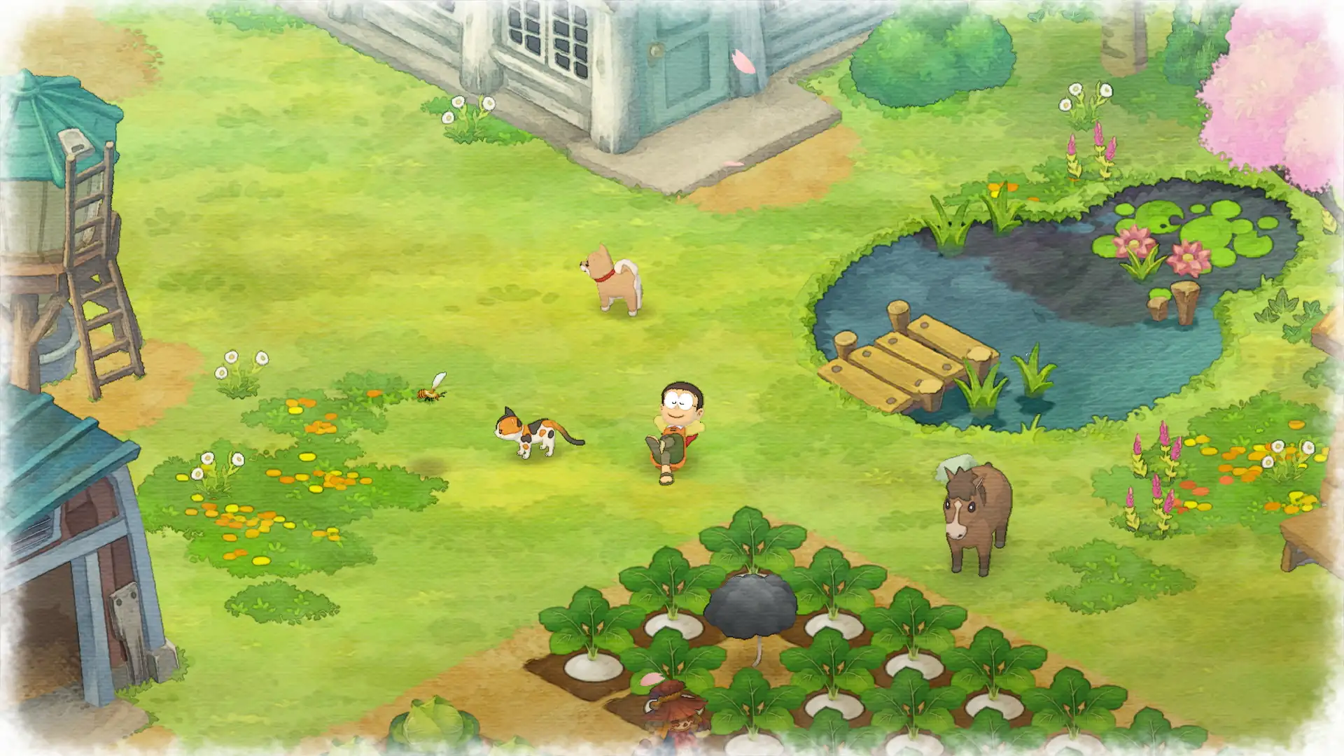 Screenshot from Doraemon Story of Seasons featuring Noby in a watercolor-style farm setting with animals, crops, and a pond.