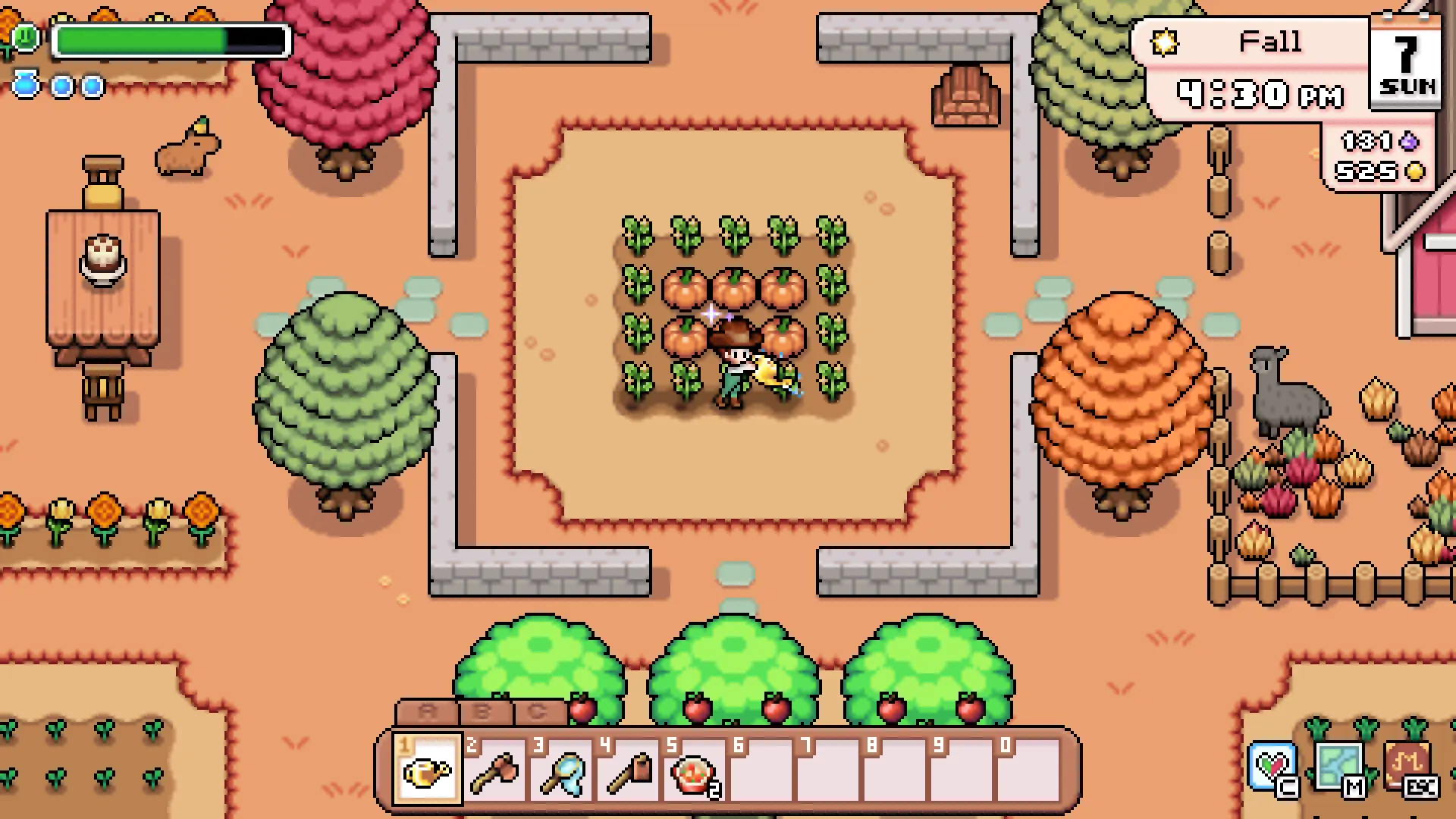 Screenshot from Fields of Mistria showing a character farming in autumn with trees and a building.