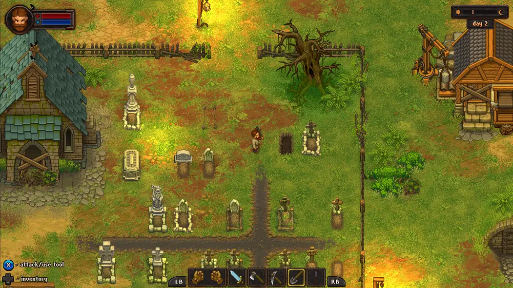Pixel art screenshot from Graveyard Keeper showing a character in a dark, slightly macabre graveyard setting with a church and other buildings.