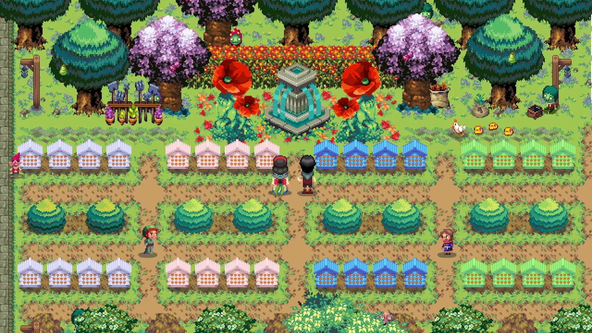 Pixel art screenshot from Kynseed showing a vibrant scene with bee hives, trees, and various characters.