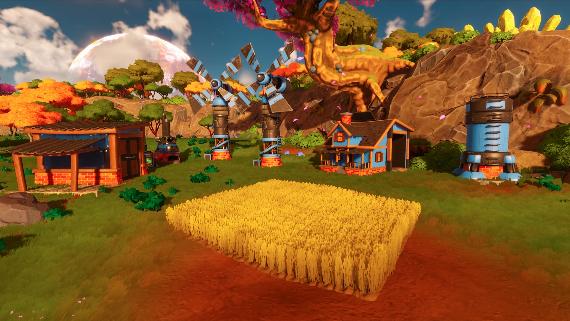 Screenshot from Lightyear Frontier showing a futuristic farm on an alien planet with wind turbines and a large crop field.