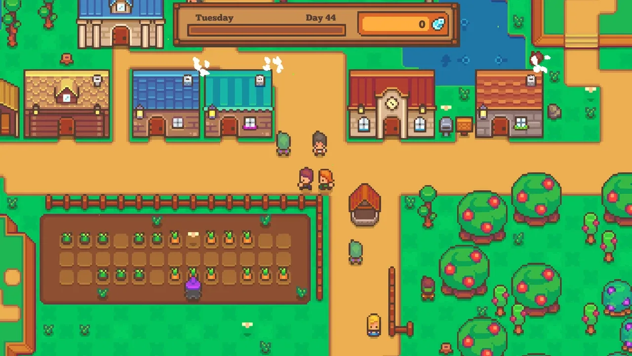 Screenshot from the pixel-art town-building and life sim game Littlewood, showing a top-down view of a cozy town with houses, a cultivated farm plot, fruit trees, and multiple characters walking around.