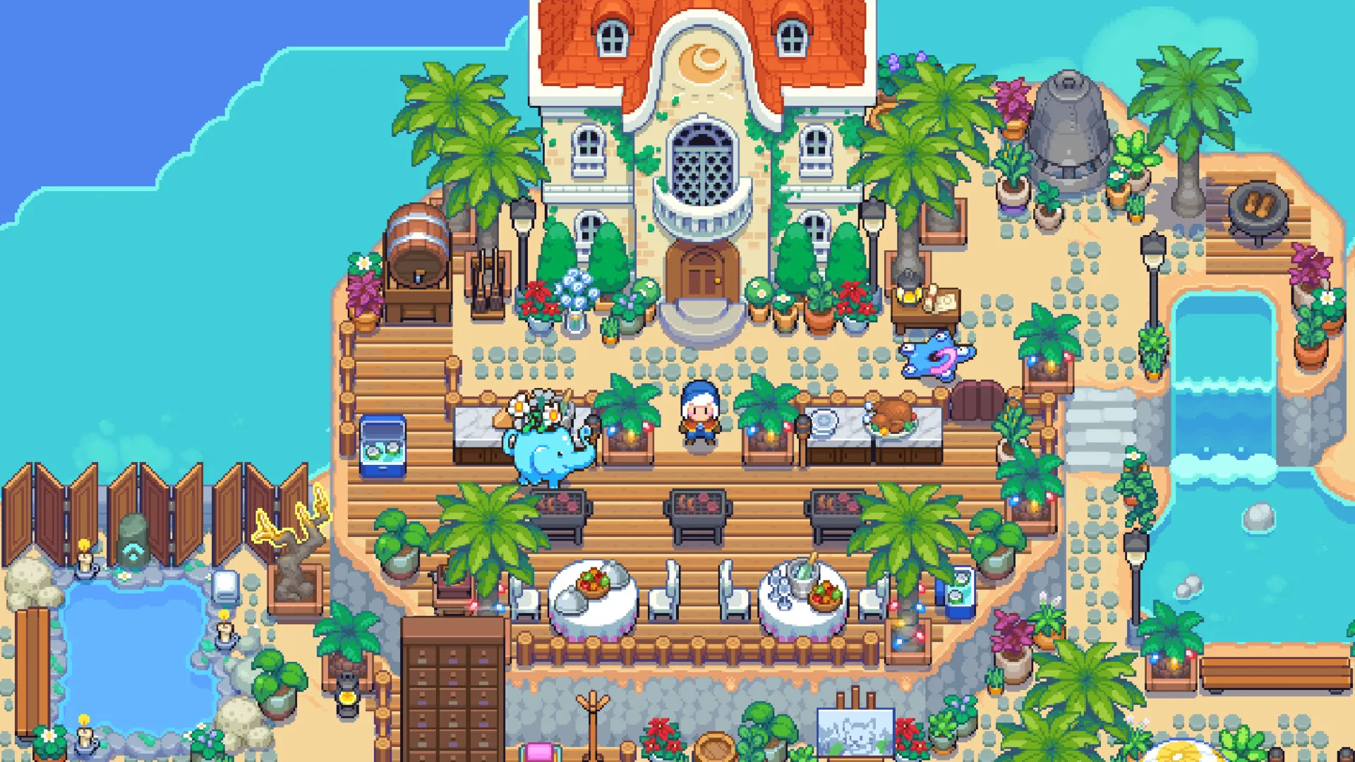 Pixel art screenshot from Moonstone Island showing an elaborate island home with a character, furniture, and various decorations.