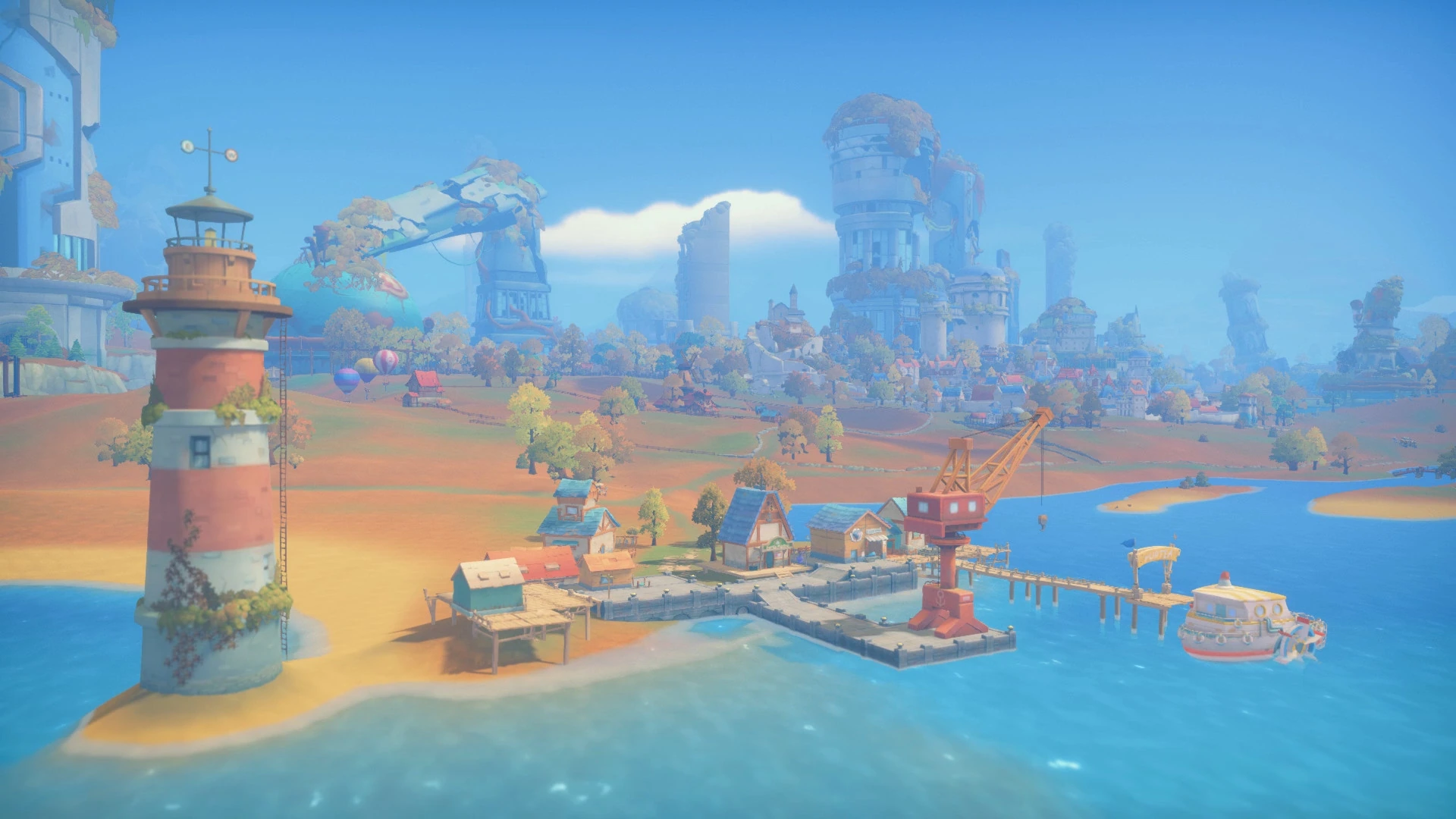 Screenshot from My Time at Portia, showcasing a vibrant seaside town with a prominent red and white lighthouse, a busy harbor with docks and a crane, and an array of unique buildings extending into the background under a clear blue sky