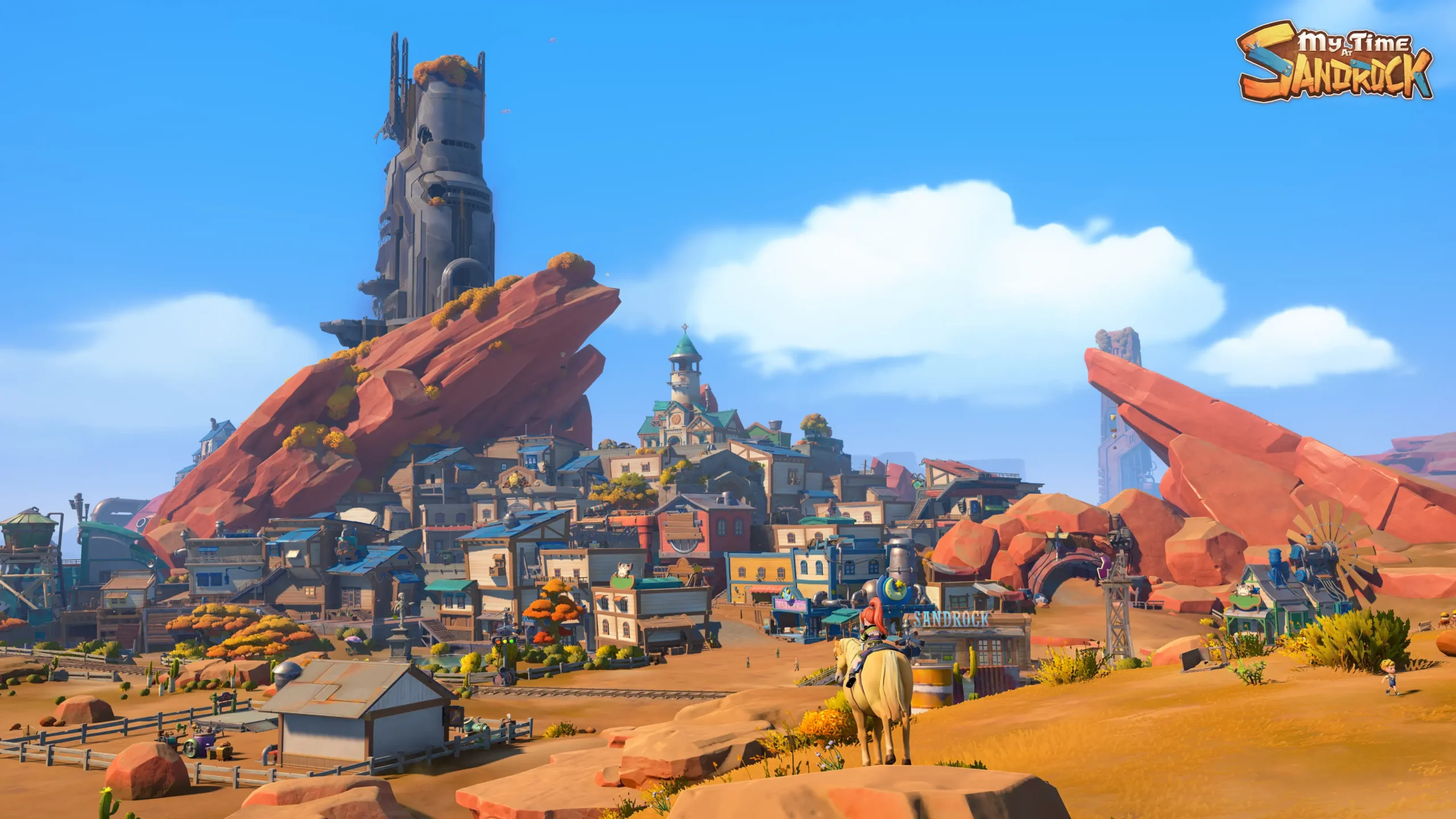 Screenshot from My Time at Sandrock, showing a character riding a mount on a rocky foreground, overlooking the sprawling desert town of Sandrock.