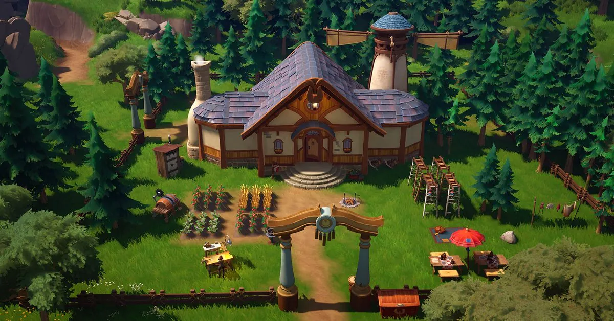 Screenshot from Palia, showing a player's cozy homestead with a charming house, a cultivated garden, a windmill, and outdoor crafting stations, surrounded by dense pine trees in a vibrant 3D art style.