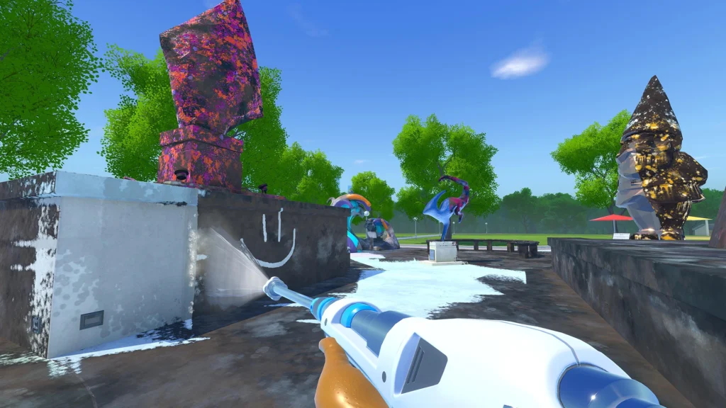 Screenshot from PowerWash Simulator's Muckingham Files 6 update, showing a power washer cleaning a large, grimy sculpture in a park.