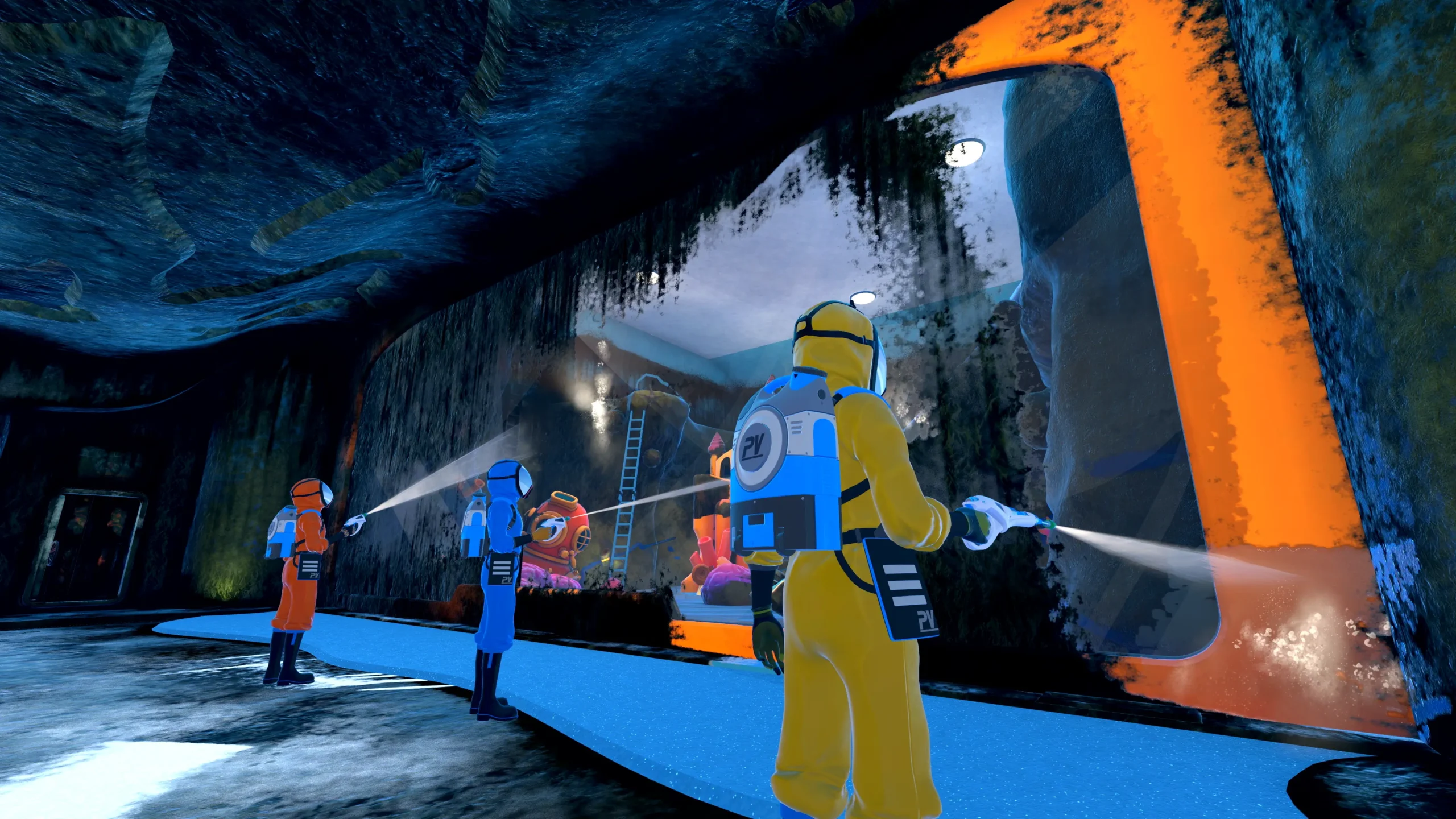 Screenshot of PowerWash Simulator gameplay, depicting high-pressure water streams of 3 players cleaning a grimy environment