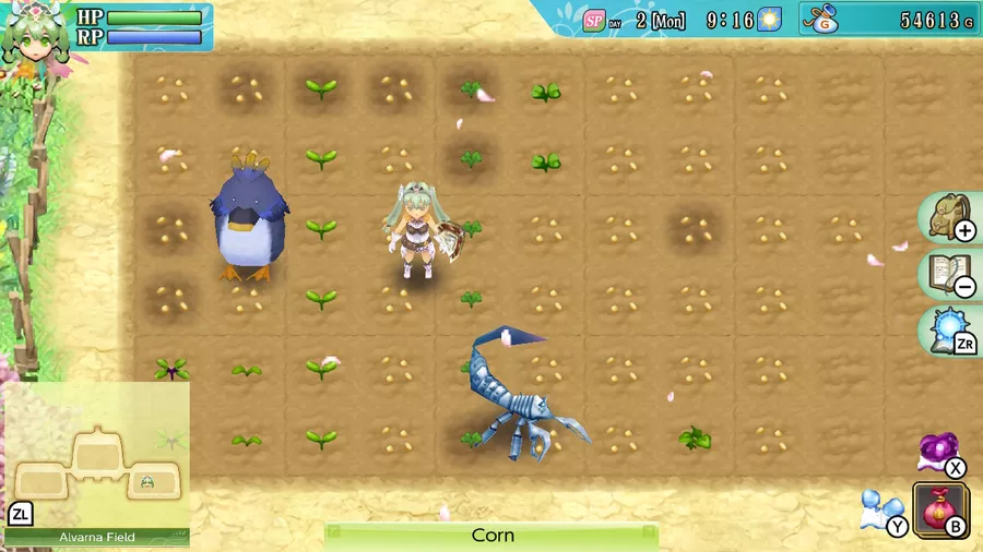 Screenshot from Rune Factory 4 Special, showing a player character on a farm field with various crops, accompanied by a large blue bird monster and a scorpion-like creature, in a vibrant anime art style.