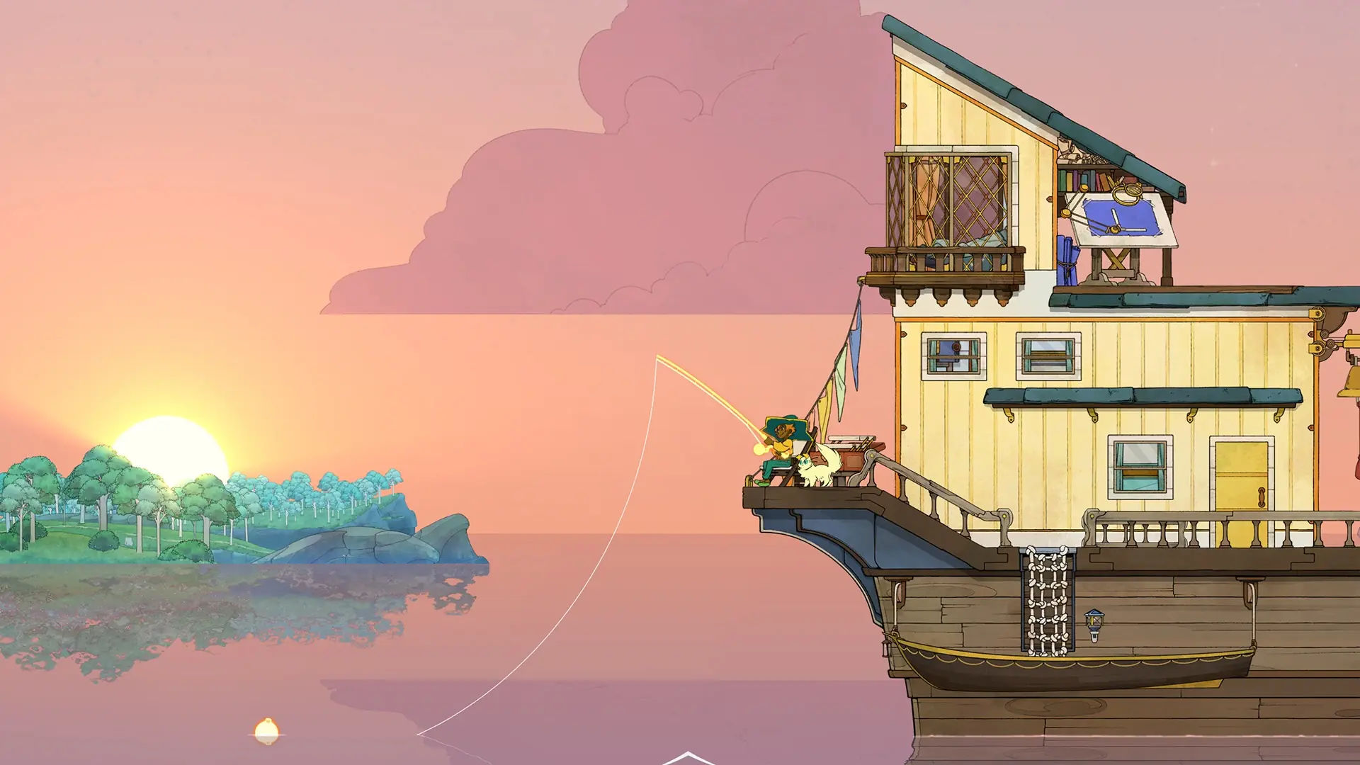 Screenshot from the hand-drawn game Spiritfarer, depicting the protagonist Stella fishing from the side of her large, multi-story ferry, set against a serene sunset over calm waters with a small island in the distance.