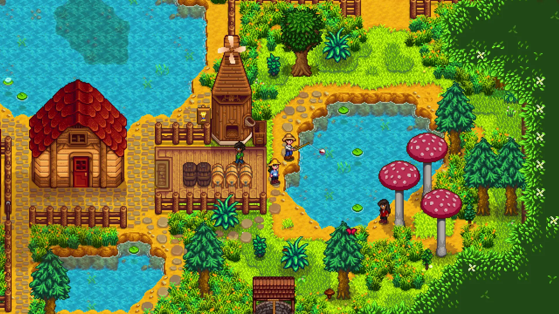 Stardew Valley gameplay screenshot showing a farmhouse, windmill, and fishing ponds amidst green trees and grass. Two pixelated characters are visible, one fishing.