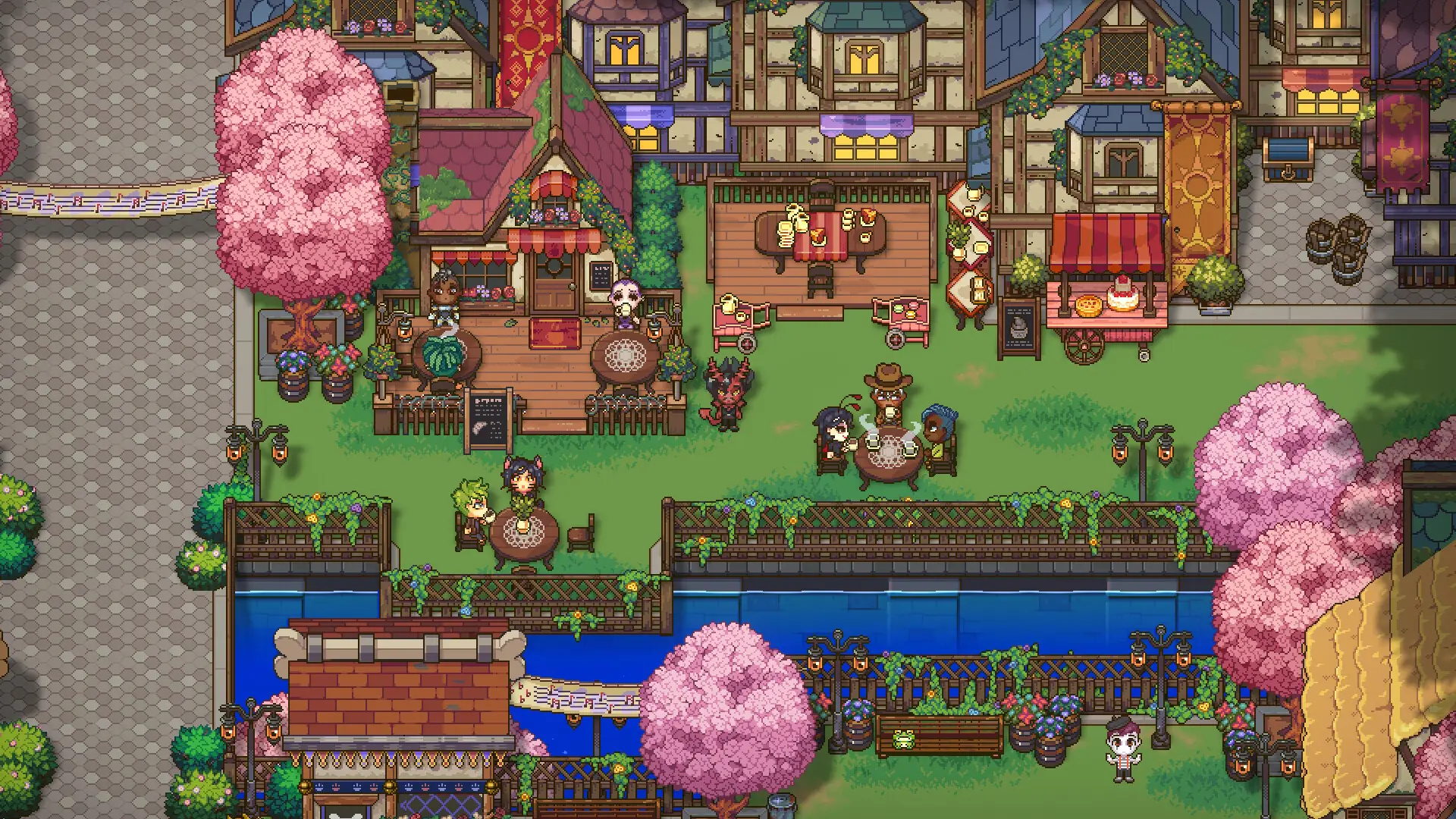 Screenshot from the pixel-art RPG farming sim Sun Haven, depicting a vibrant town scene with a river, various detailed buildings, cherry blossom trees, and characters sitting at outdoor tables