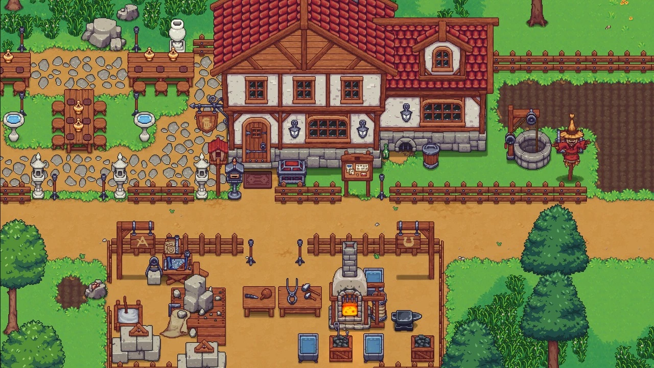 Screenshot from Travellers Rest showing a cozy inn with outdoor seating and crafting stations.
