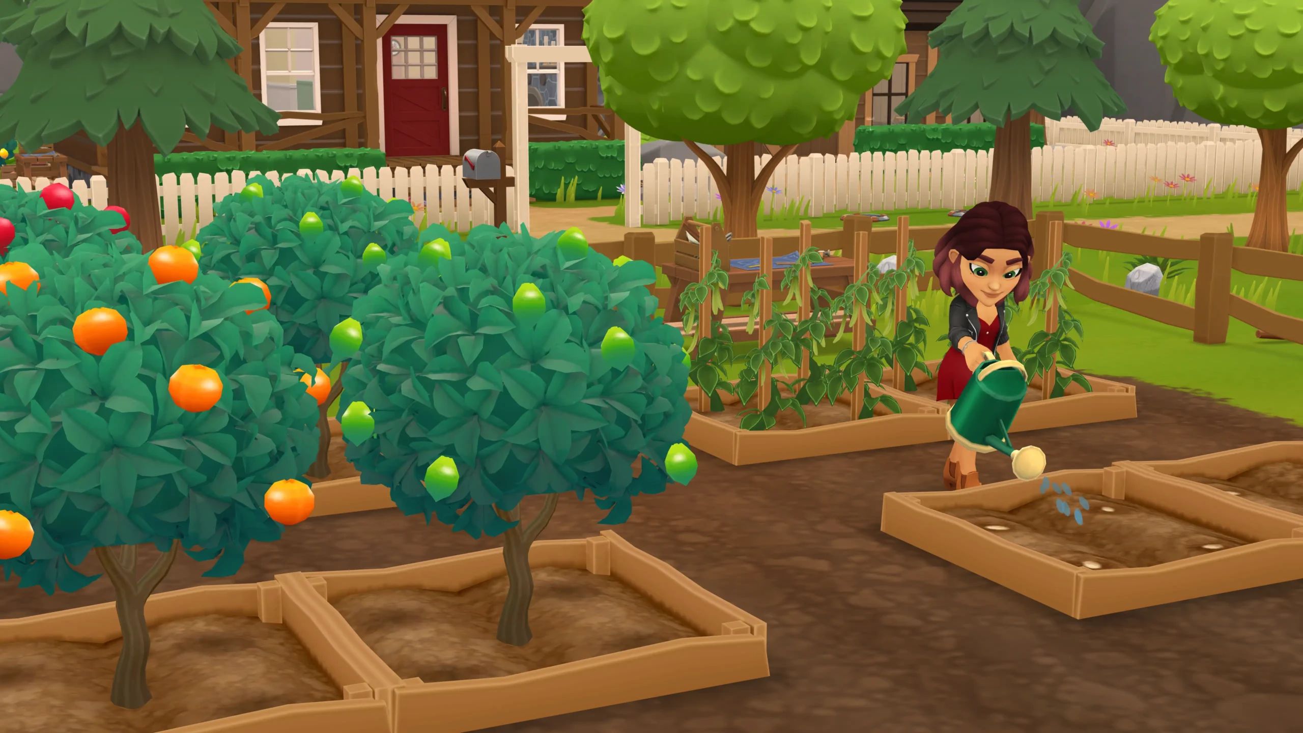 Gameplay screenshot from Wylde Flowers, illustrating the cozy farming and life simulation elements with a character tending to crops and fruit trees.