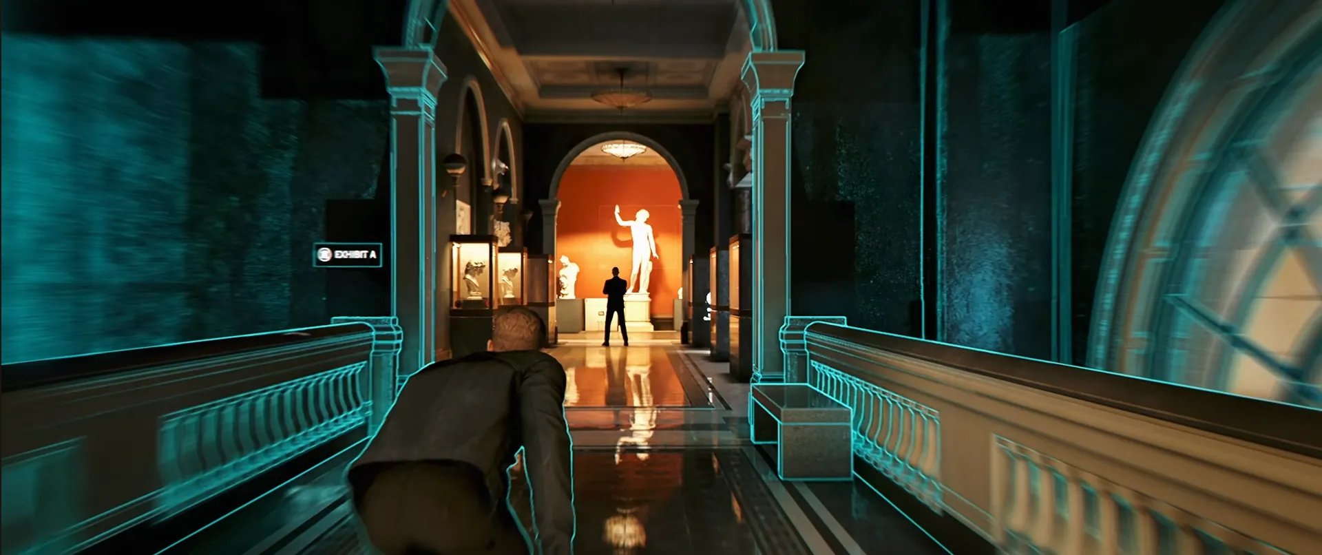 Gameplay screenshot from 007 First Light showing a museum interior with a glowing blue outline skill effect.