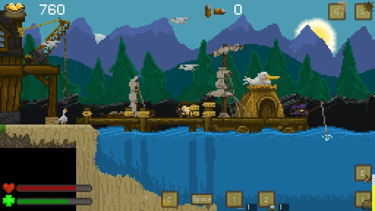 A pixel art screenshot from Aground showing a character fishing off a wooden dock in front of a developing base, with mountains and a sun in the background.