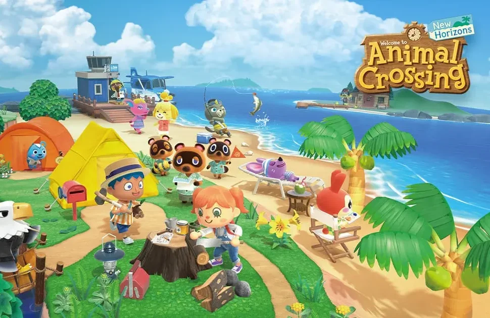 The key art for Animal Crossing: New Horizons, depicting a sunny island scene with multiple animal villagers, including Tom Nook, Isabelle, and players, engaged in activities like fishing, camping, and crafting, with planes and tents visible.