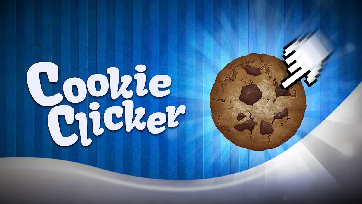 A promotional image for Cookie Clicker, featuring a large chocolate chip cookie and a mouse cursor.