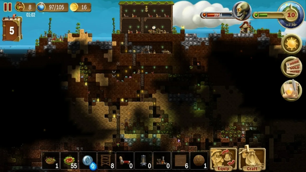 A side-scrolling screenshot from Craft The World showing a vertical base with multiple levels of underground tunnels and surface structures, populated by dwarf-like characters.