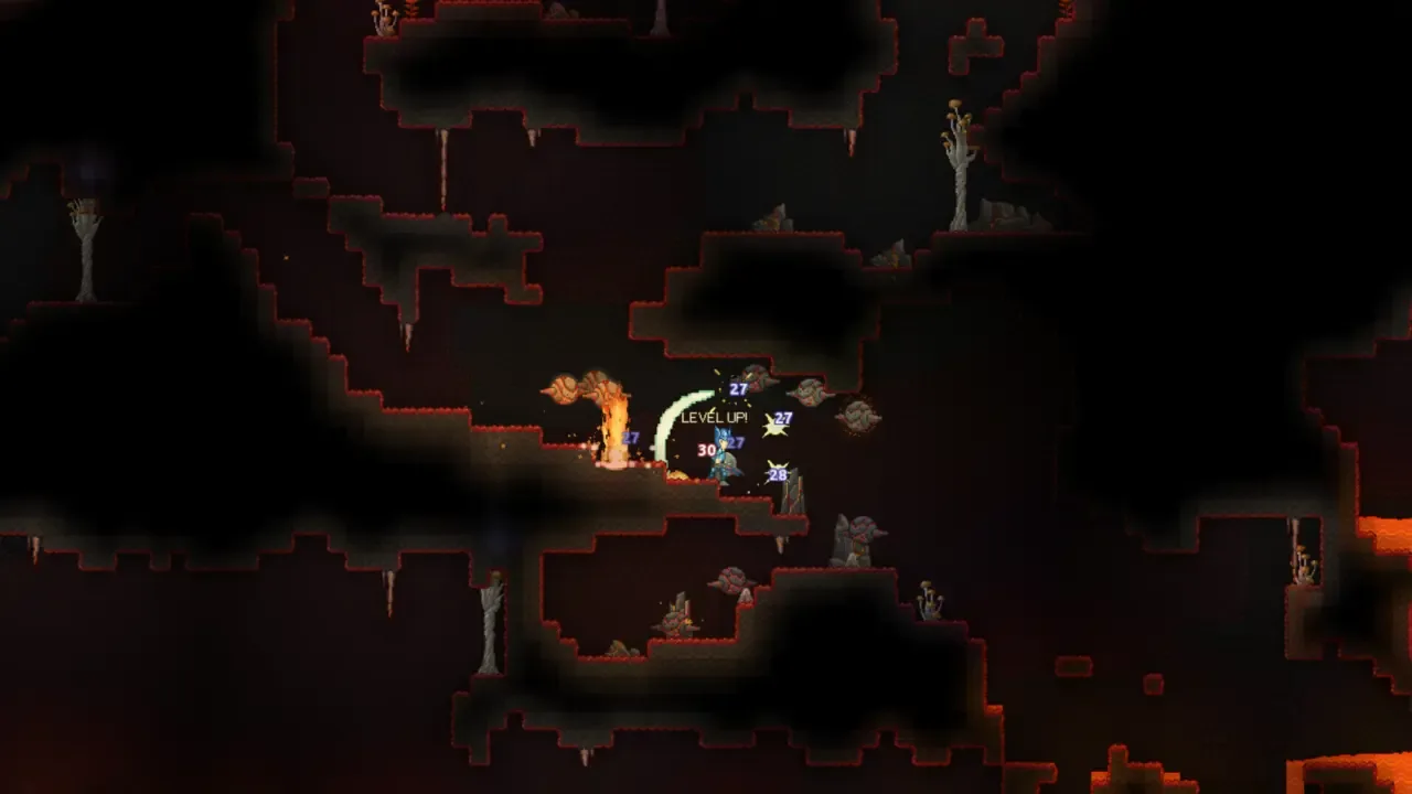 A dark and fiery screenshot from Crea, showing a character battling multiple enemies in a cavernous environment, with a 'LEVEL UP!' notification.