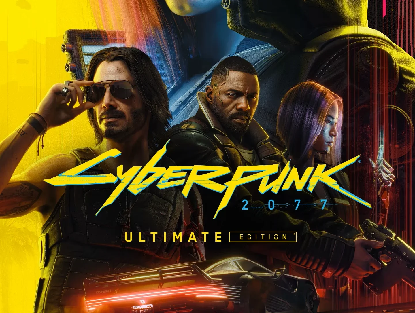 The key art for Cyberpunk 2077: Ultimate Edition, with the game's stylized title and characters like Johnny Silverhand, all in a neon-lit, futuristic setting.