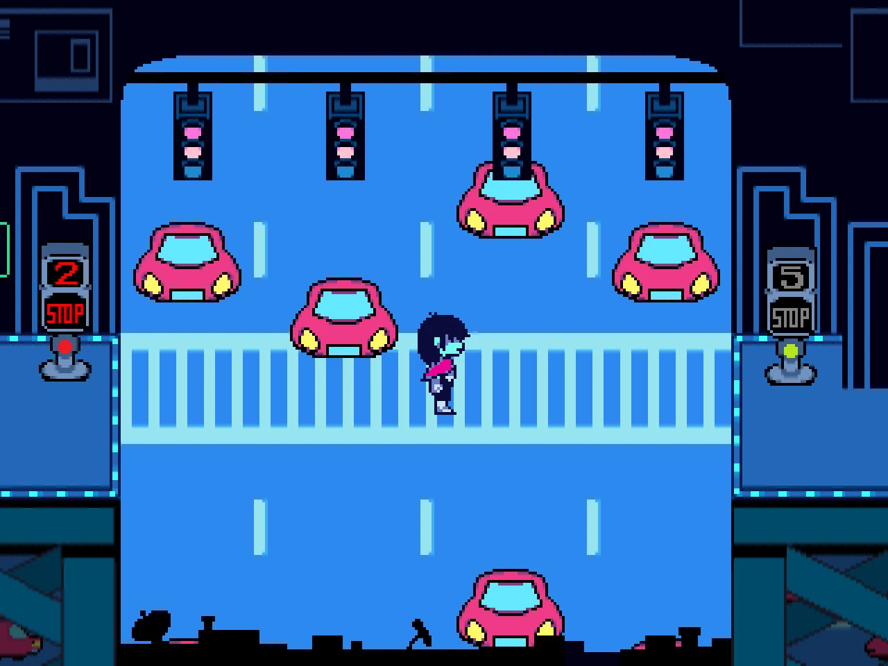 A screenshot from Deltarune, showing Kris standing in the middle of a brightly lit, pixel-art city street, marked by a crosswalk. Pink cars float along the roads, and stoplights with 'STOP' signs are visible on either side.