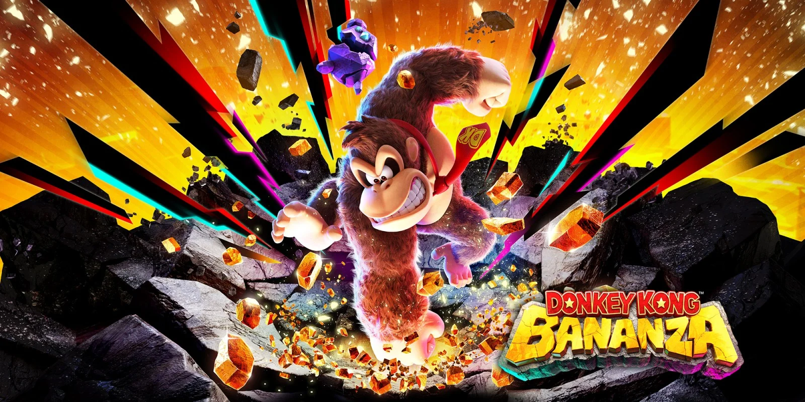 Promotional art for Donkey Kong Bananza featuring Donkey Kong in an explosive, action-packed scene.