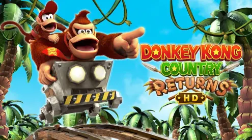 The key art for Donkey Kong Country Returns HD, showing Donkey Kong and Diddy Kong riding a mine cart on a track, with tropical jungle foliage and trees in the background under a blue sky, and the game's title prominently displayed.
