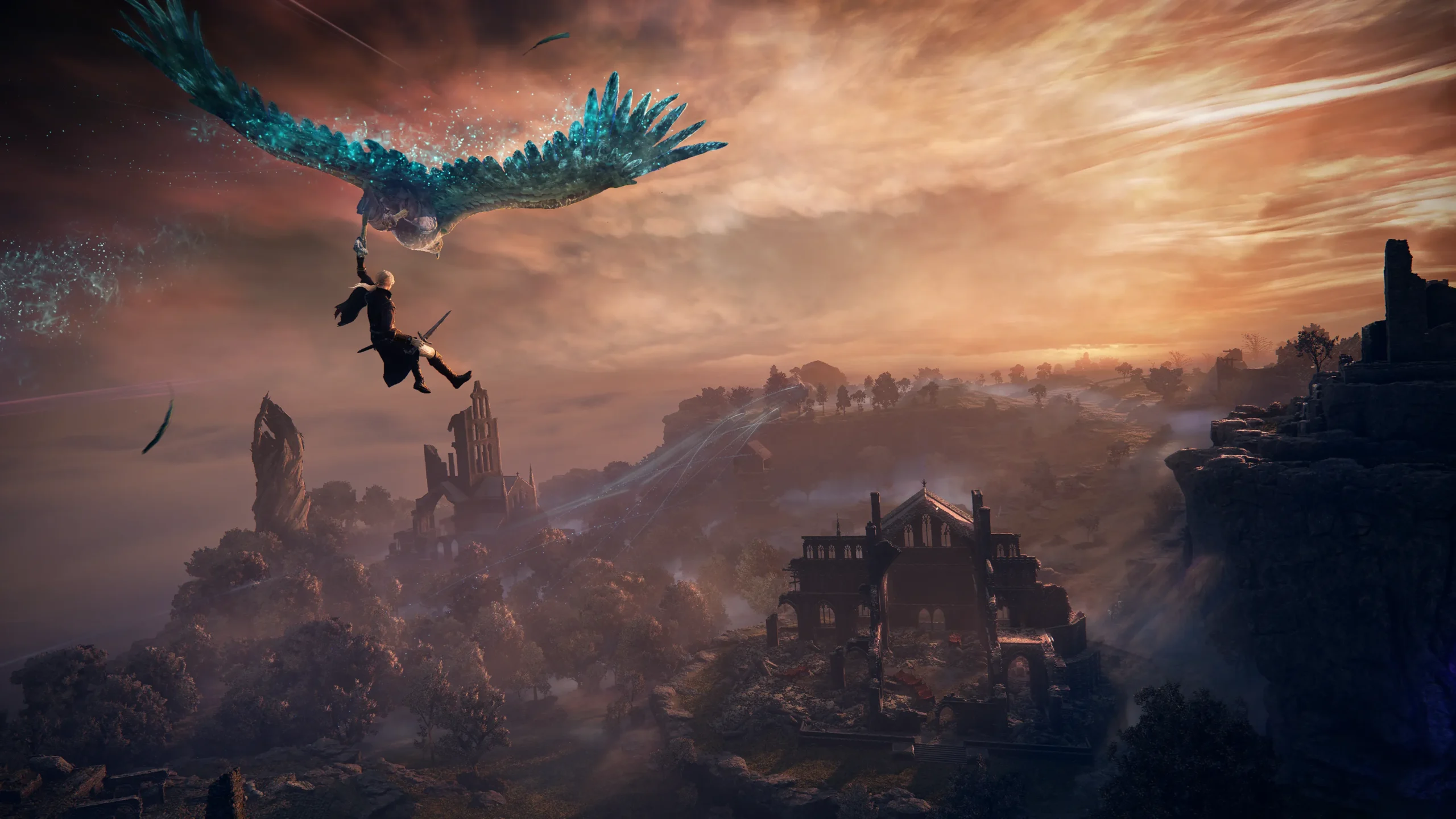 Screenshot from Elden Ring Nightreign showing a character flying over a fantasy landscape at sunset.