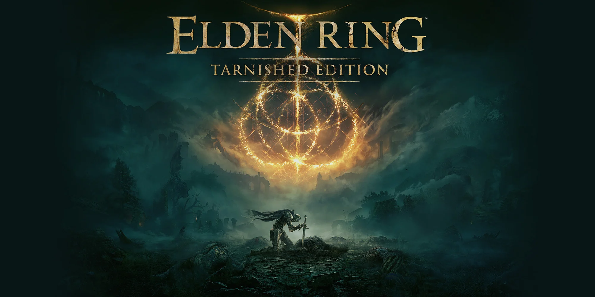 A lone, armored figure kneels in a desolate landscape with a sword, facing a colossal, ethereal golden ring, representing the shattered Elden Ring, all under the game's title Elden Ring: Tarnished Edition.