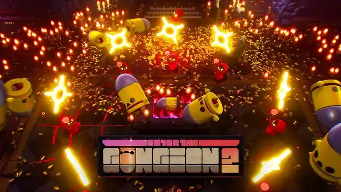 The key art for Enter the Gungeon 2, depicting a top-down view of a bullet-hell scenario with many glowing bullets, spent casings, small enemies, and explosions, with the game's title at the bottom.