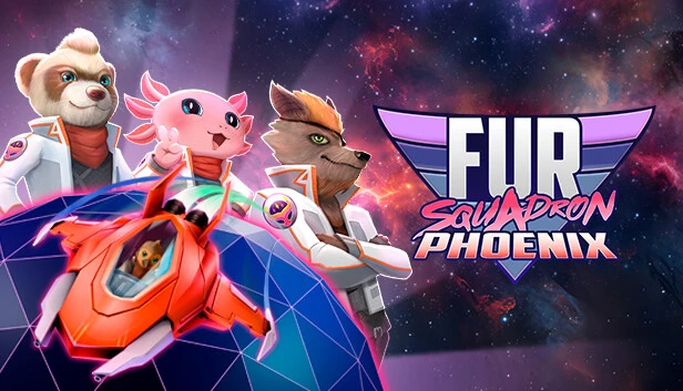 Promotional image for FUR Squadron Phoenix, featuring three anthropomorphic animal characters and an orange spaceship.