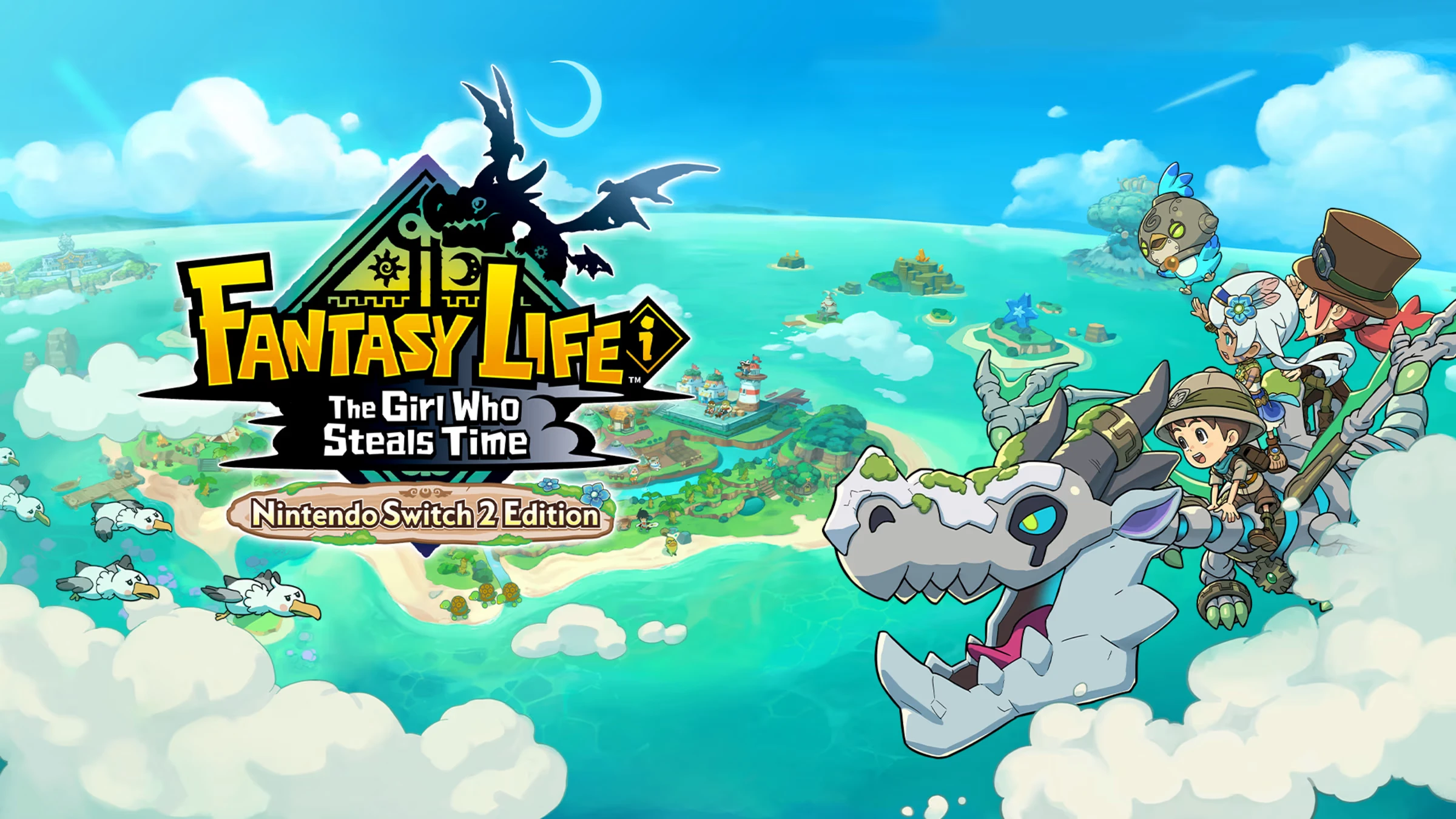 A colorful, cartoony promotional image for Fantasy Life i: The Girl Who Steals Time, showing characters flying over a fantastical island.