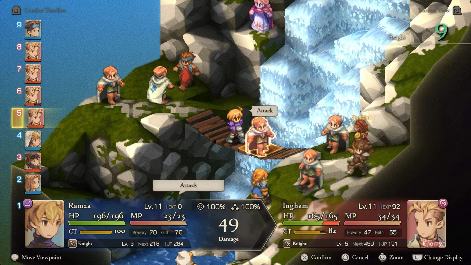 Gameplay screenshot of Final Fantasy Tactics: The Ivalice Chronicles showing characters on an isometric, multi-level battlefield.
