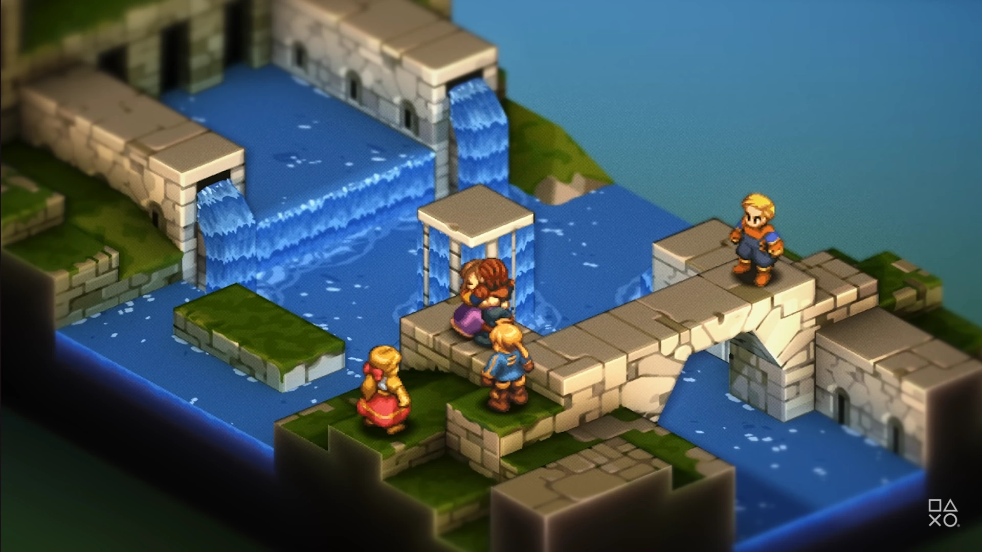 A gameplay scene from Final Fantasy Tactics: The Ivalice Chronicles, showing several characters on an isometric battlefield with water and stone structures.