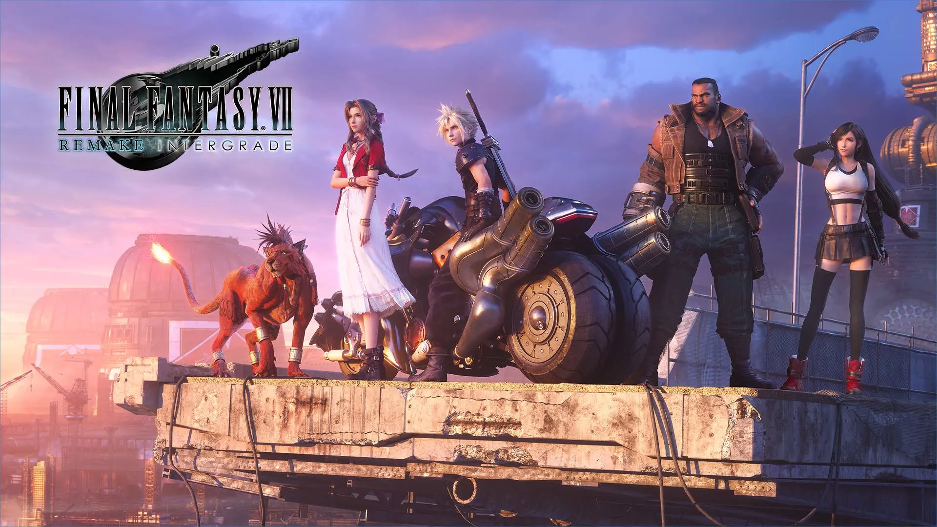 The key art for Final Fantasy VII Remake Intergrade, showing Cloud Strife on his motorcycle with Tifa, Aerith, Barret, and Red XIII, all standing on a high platform overlooking a futuristic city at sunset.