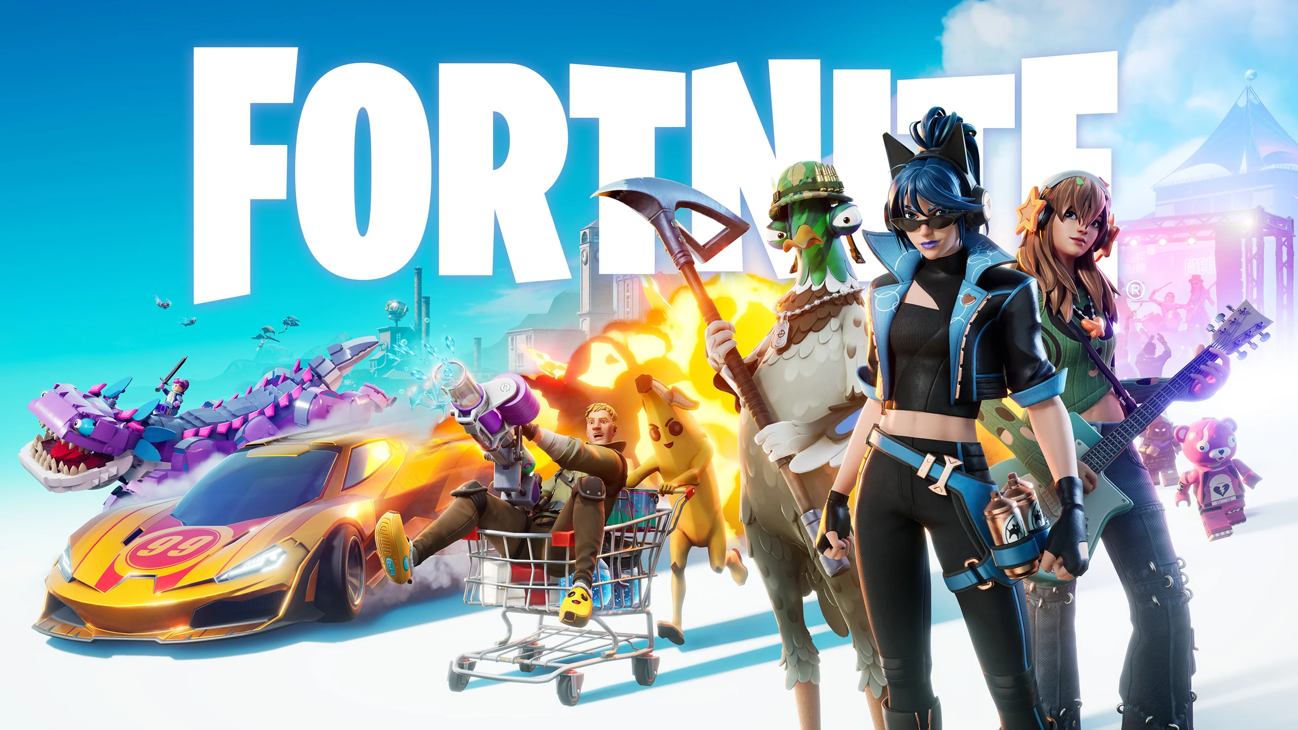 A promotional image for Fortnite, featuring various crossover characters and the game's logo.