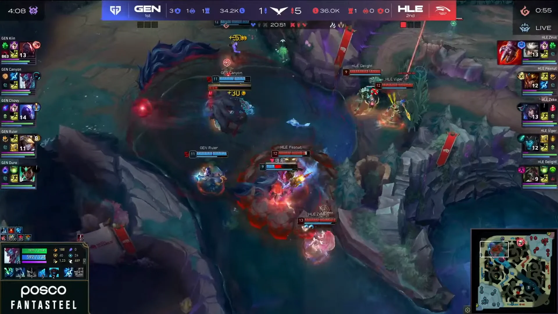 Hanhwa Life Esports's (HLE) Peanut (Jarvan) uses his ultimate on Generation Gaming's (Gen.G) Duro (Karma), leading HLE to win the teamfight at Atakhan in round 2 of LCK 2025 Road to MSI Playoff Showdown.