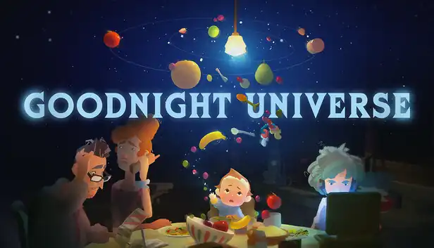 Promotional image for Goodnight Universe, showing a family at a table with a baby in the middle, with fruits and planets floating above them.