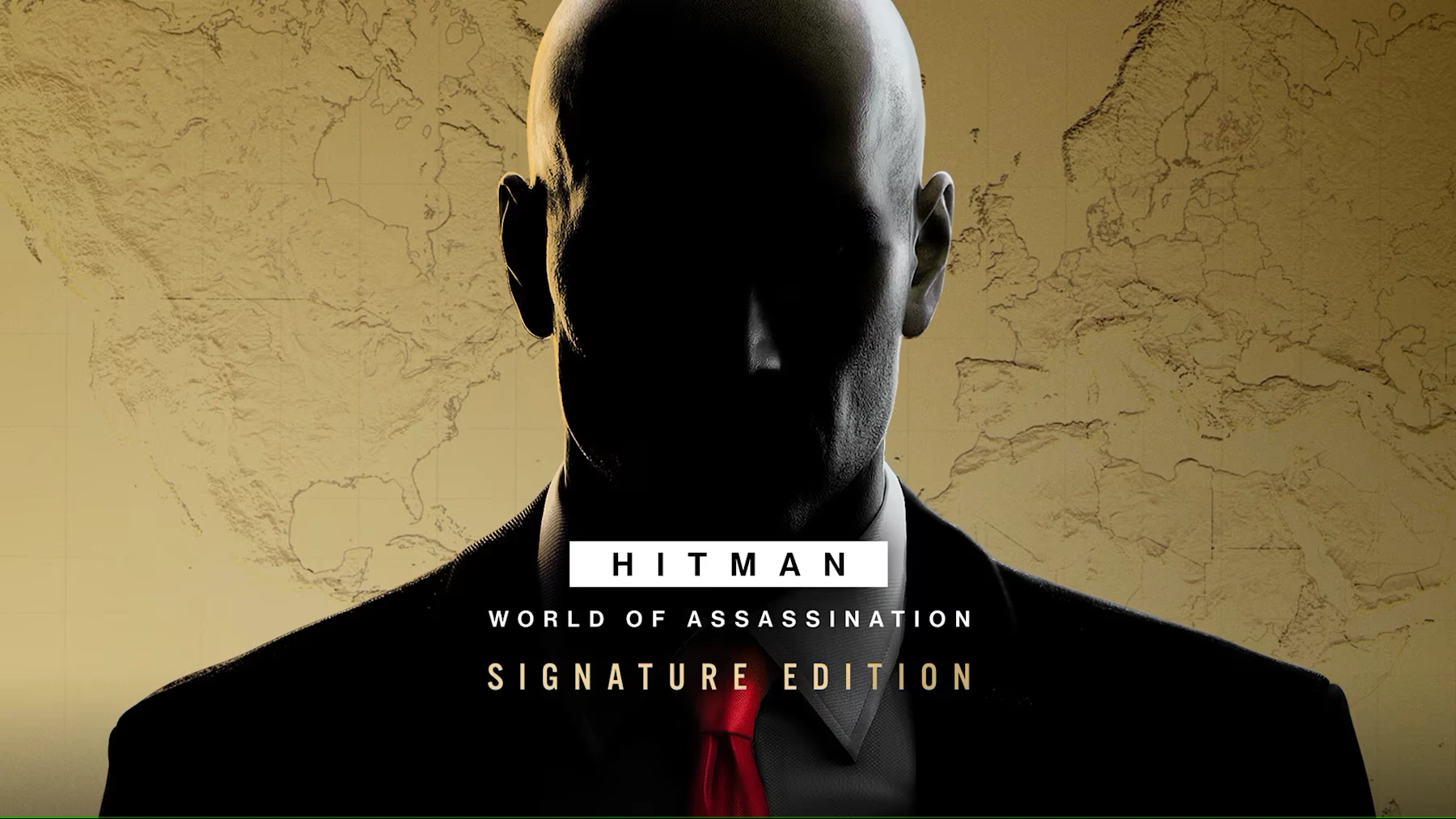 A stark promotional image for Hitman: World of Assassination – Signature Edition, featuring a silhouette of Agent 47.