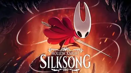 The cover art for the video game Hollow Knight: Silksong, showing the character Hornet in a red cloak with a needle weapon, set against a fiery, dark background with jagged elements.