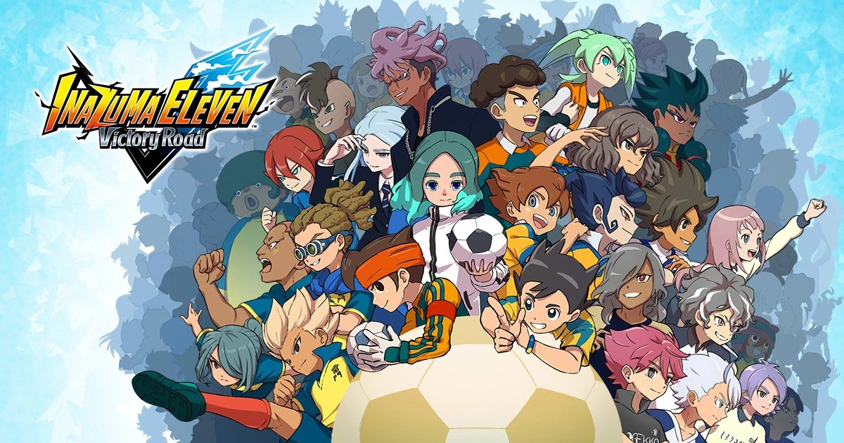 Promotional image for Inazuma Eleven: Victory Road featuring many anime characters around a soccer ball.