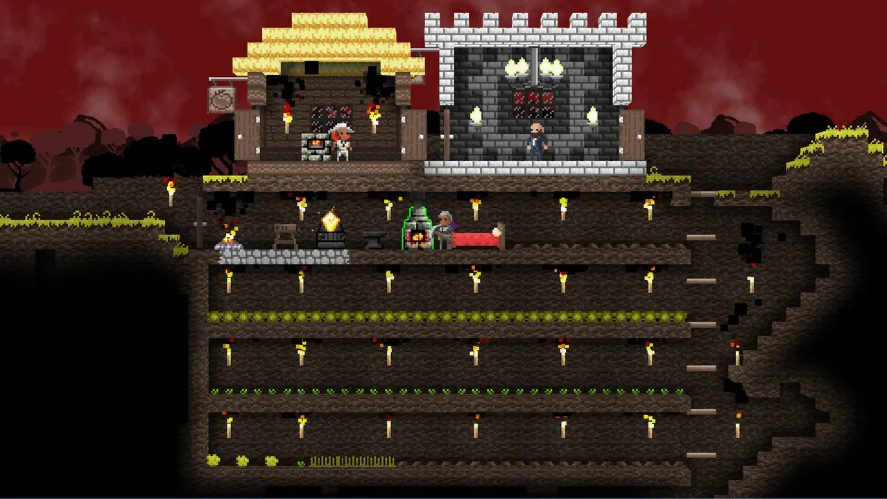 A side-scrolling screenshot from It Lurks Below, showing a multi-layered underground base with houses, crafting stations, and farmed crops, all under a blood-red sky.