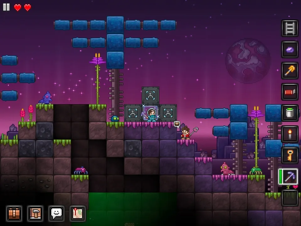 A pixel art screenshot from Junk Jack showing a character on a purple alien planet with floating blocks, unique flora, and a large moon in the background.
