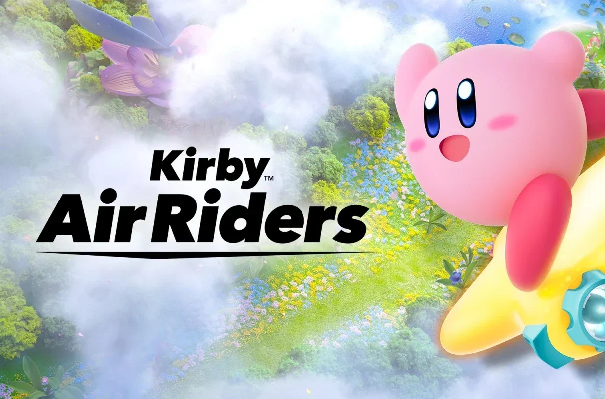 Promotional artwork for Kirby Air Riders, featuring Kirby on a star-shaped vehicle flying over a colorful landscape.