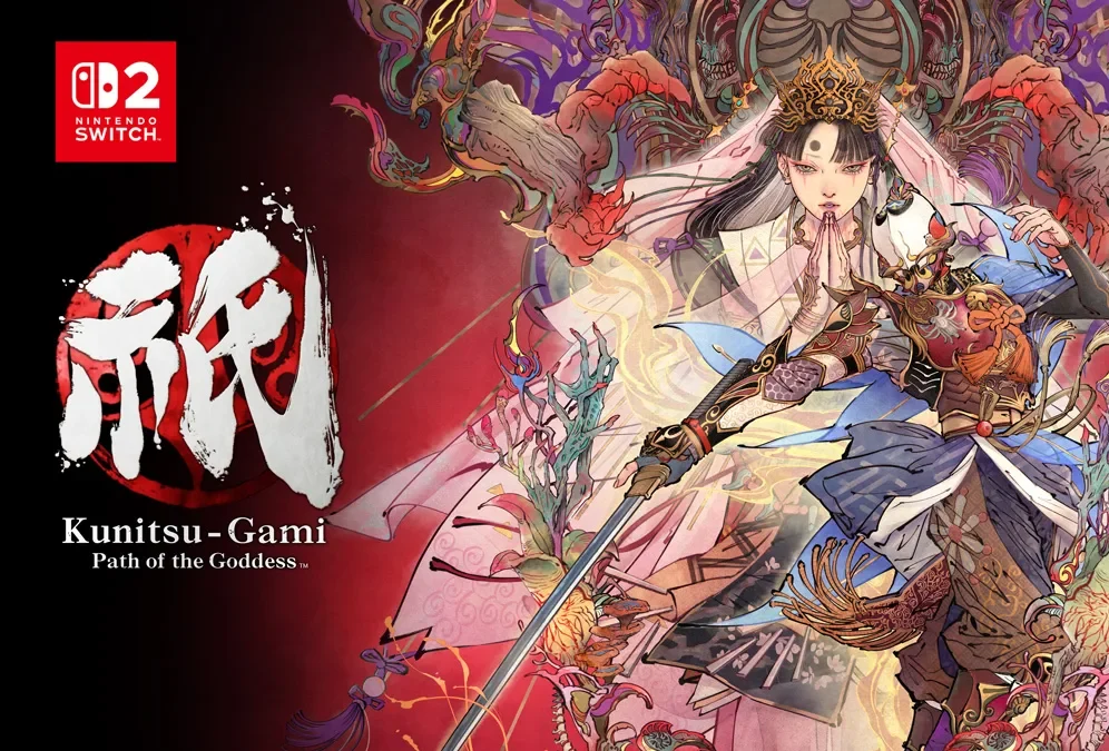 A vibrant and ornate promotional image for Kunitsu-Gami: Path of the Goddess, featuring a goddess-like figure.