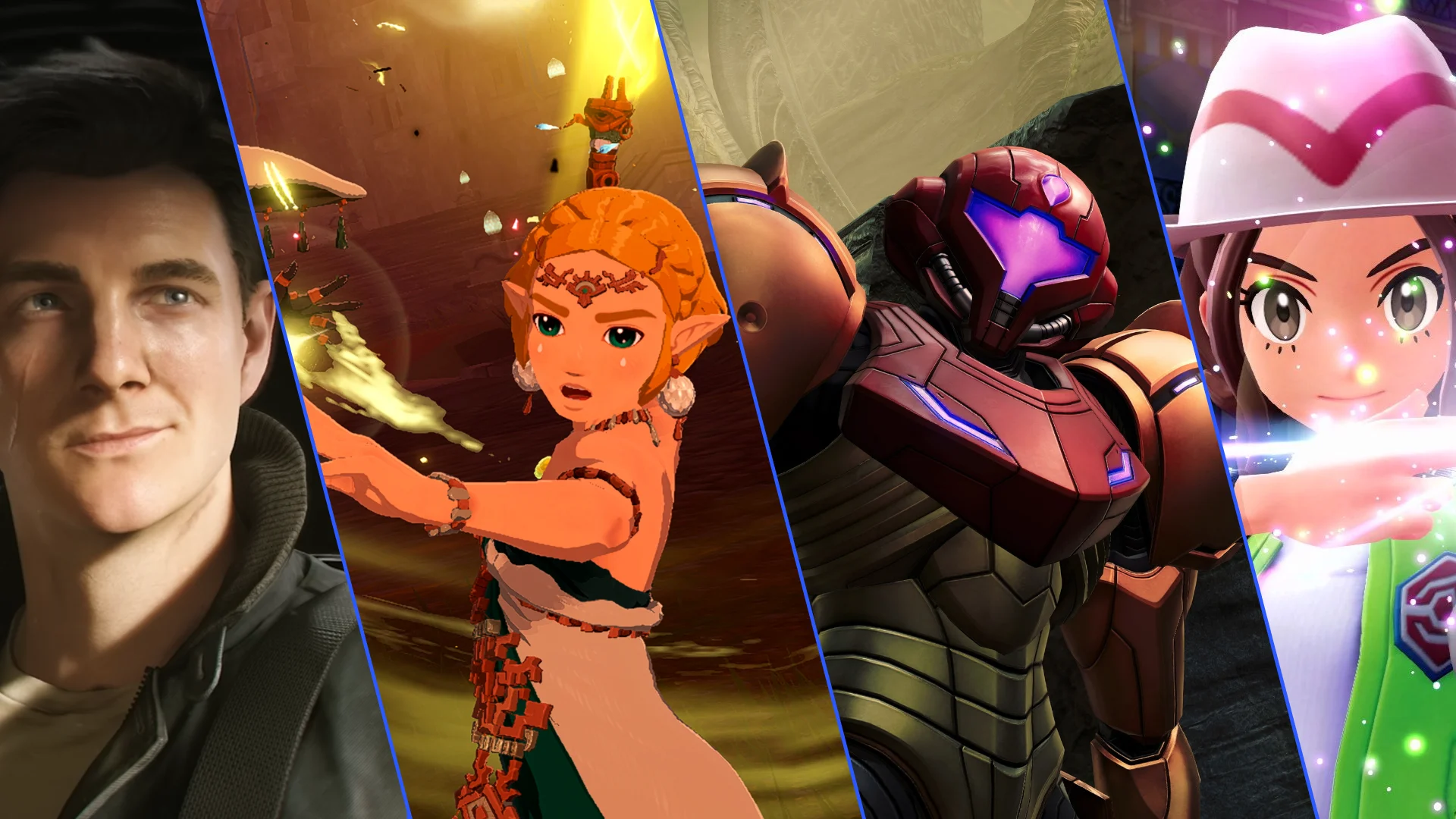 A collage of four highly anticipated video games: A young James Bonds from 007 First Light on the left, Princess Zelda from Hyrule Warriors: Age of Imprisonment in the middle left, Samus Aran from Metroid Prime 4: Beyond in the middle right, and a female trainer from Pokémon Legends: Z-A on the right.
